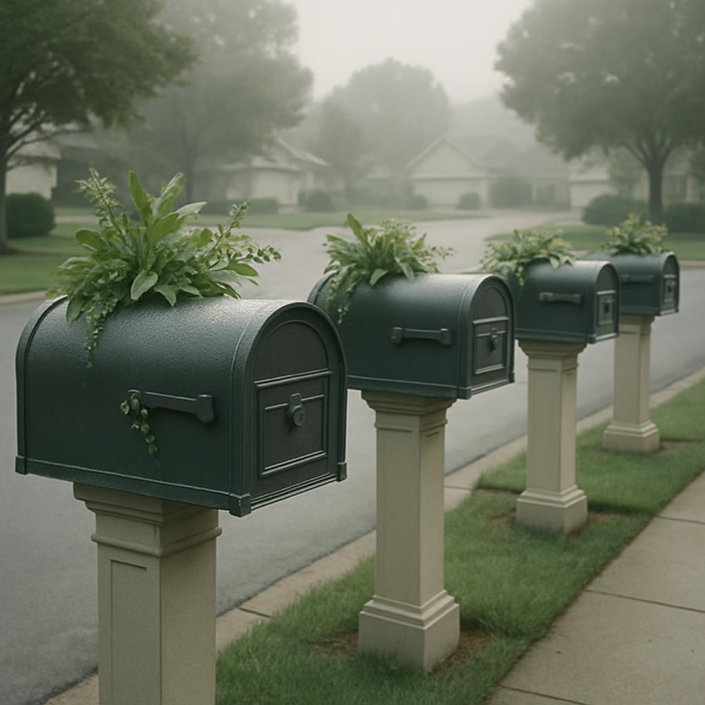 The image features five mailboxes with urban landscaping. It depicts a suburban street with five mailboxes, all of which h...