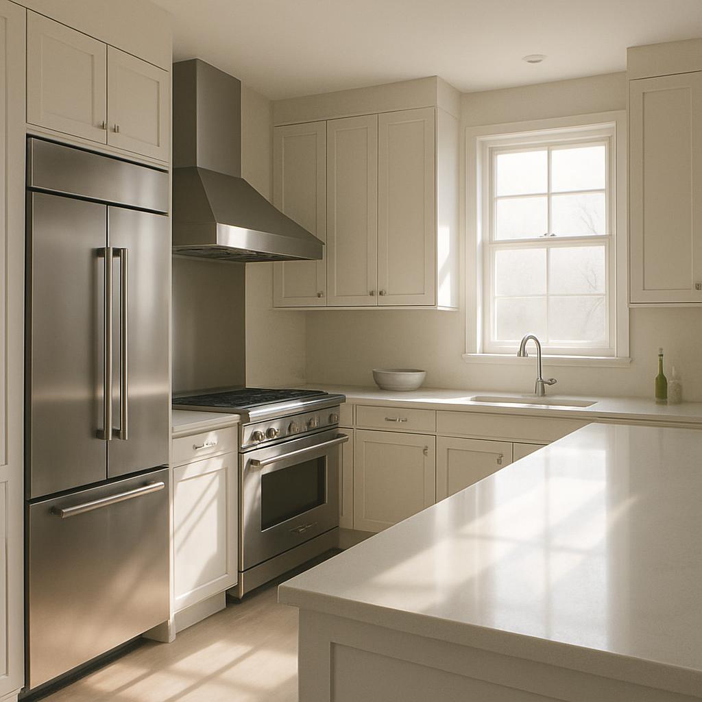 A modern kitchen with stainless steel appliances and white cabinets, featuring a large refrigerator, oven, and window with...
