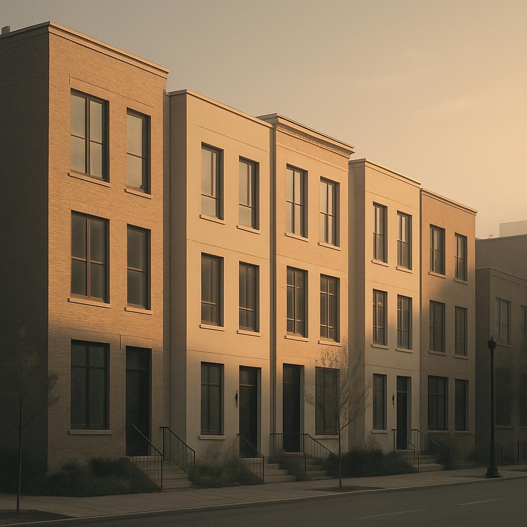 Image of a row of multi-story townhouses in a warm, golden hour light.