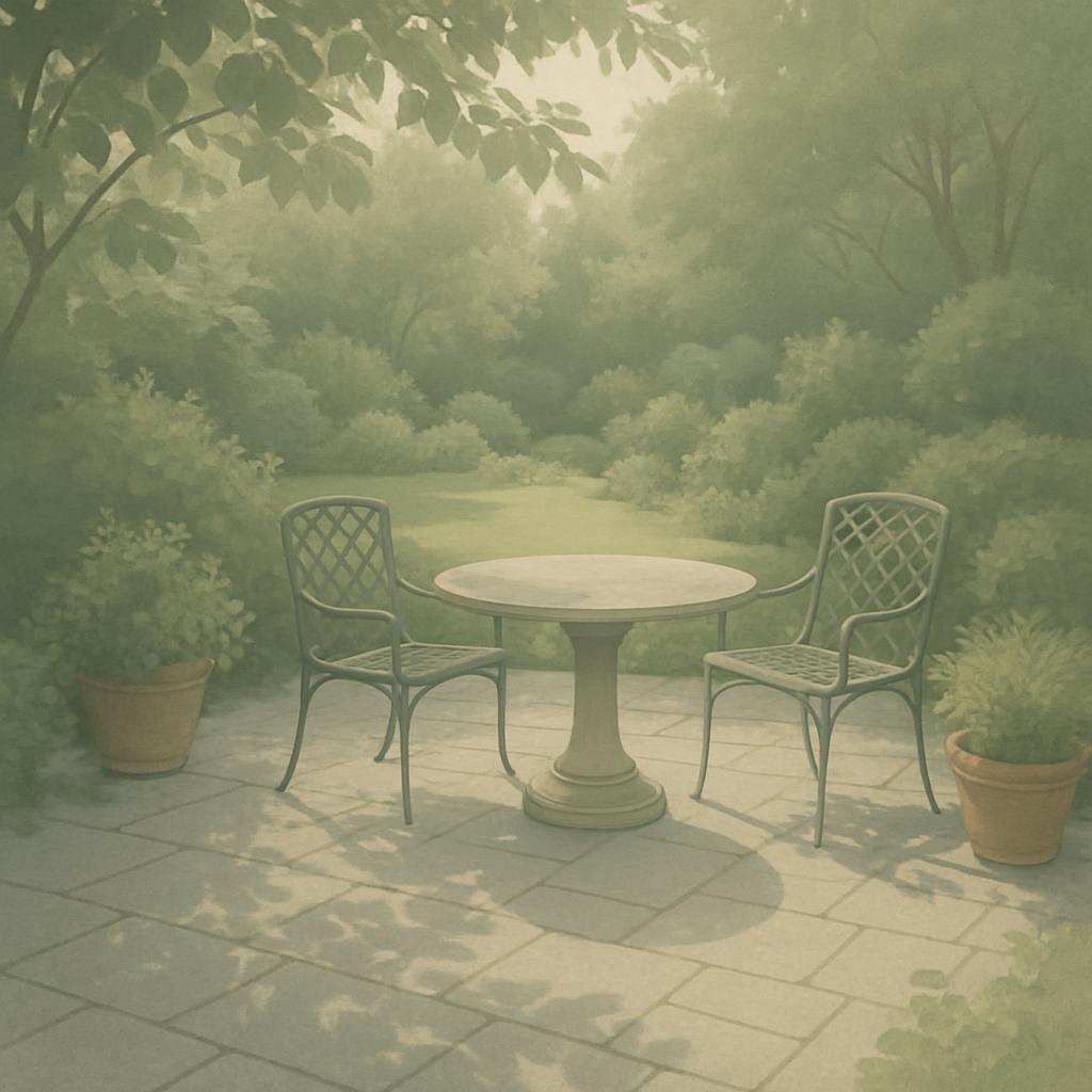 A serene serene outdoor scene features a round table and two chairs on a stone patio, adorned with potted plants and bushe...